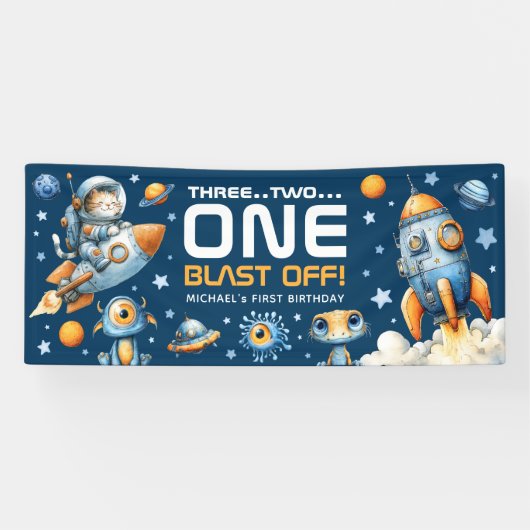Banderoles Astronaut Cat Outer Space Blast Off 1st Birthday (Horizontal)