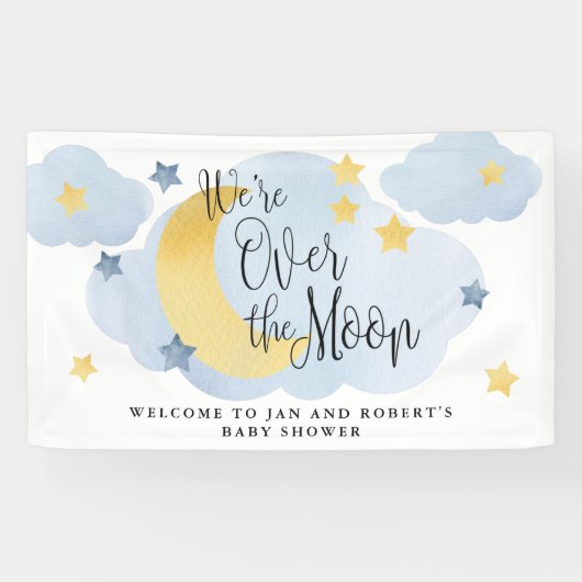 Banderoles Au-dessus de la lune, Baby shower d'aquarelle bleu (Horizontal)