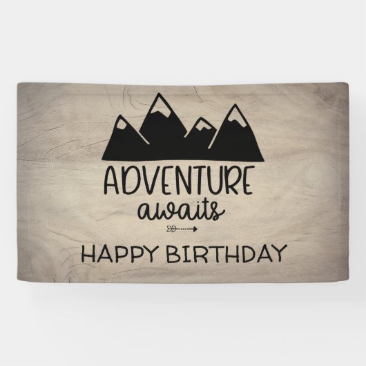 Banderoles Aventure Await Anniversaire| Bois rustique (Horizontal)