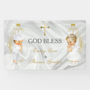 Banderoles Baby Boy & Girl Twins Baptême Christening Gold