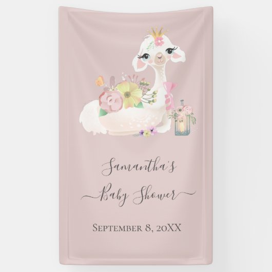 Banderoles Baby Llama Baby shower aux fleurs blanches et rose (Vertical)
