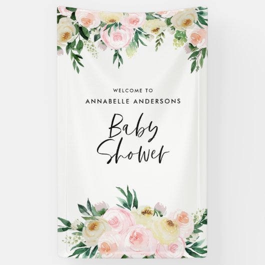 Banderoles Baby shower aquarelle pêche rose script floral (Vertical)