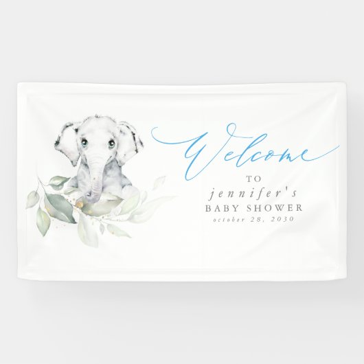 Banderoles Baby shower Baby Elephant Blue Sage Bienvenue (Horizontal)