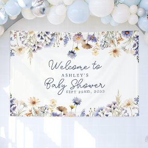 Banderoles Baby shower Boho Fleur sauvage bleu Bienvenue