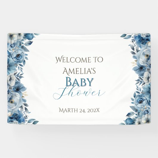 Banderoles Baby shower d'aquarelle Florale bleu moderne (Horizontal)
