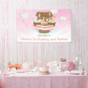 Banderoles Baby shower d'arche rose Noah 1er anniversaire Con