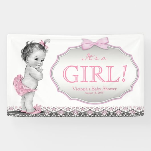 Banderoles Baby shower de dentelle rose Gris Filles (Horizontal)