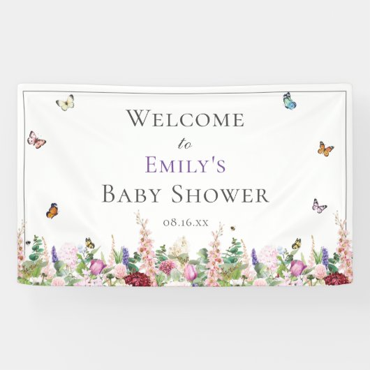 Banderoles Baby shower de fleurs et papillons rose violet (Horizontal)
