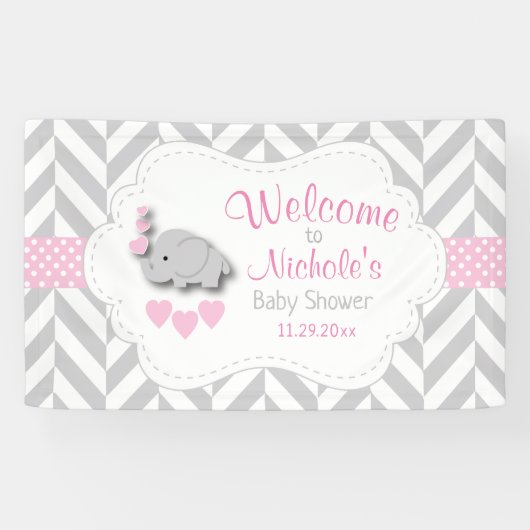 Banderoles Baby shower d'éléphant rose et gris blanc (Horizontal)
