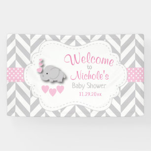 Banderoles Baby shower d'éléphant rose et gris blanc Bienve