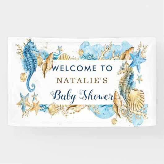 Banderoles Baby shower d'or bleu mer et plage (Horizontal)