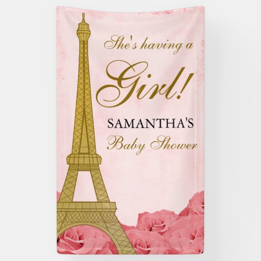 Banderoles Baby shower d'or de rose de roses de Tour Eiffel (Vertical)