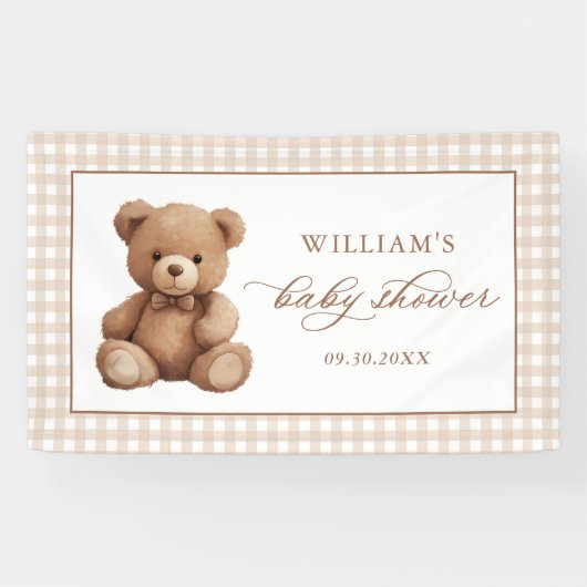 Banderoles Baby shower d'ours en peluche En vichy neutre (Horizontal)