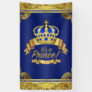 Banderoles Baby Shower du Prince Couronne Or Bleu Royal
