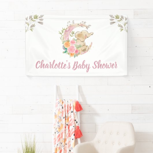 Banderoles Baby shower Eléphant Fille Lune Rose Cute (En situation)