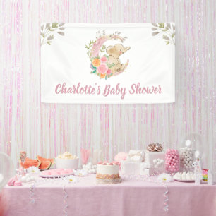 Banderoles Baby shower Eléphant Fille Lune Rose Cute