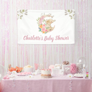 Banderoles Baby shower Eléphant Fille Lune Rose Cute
