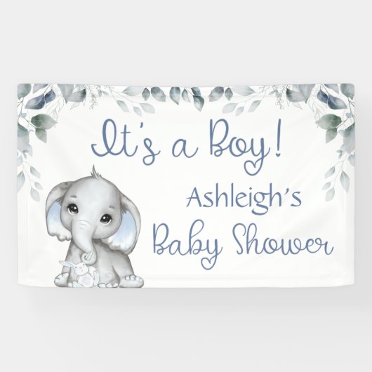 Banderoles Baby shower Elephant ITS UN GARÇON Botanique Bleu (Horizontal)