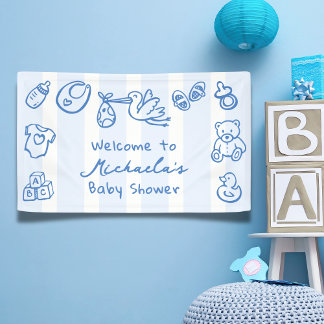 Banderoles Baby Shower Fantaisiste Dessin Main Bleu