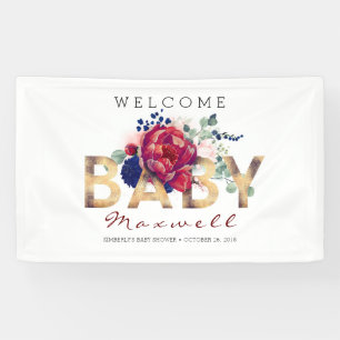 Banderoles Baby shower floral bleu marine et bourgogne