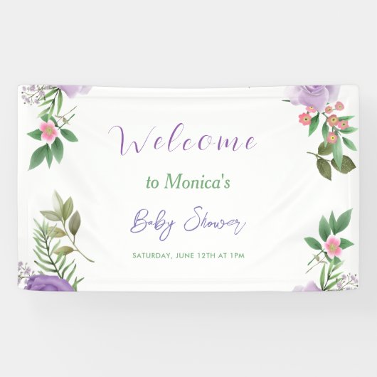 Banderoles Baby shower floral de printemps pourpre (Horizontal)