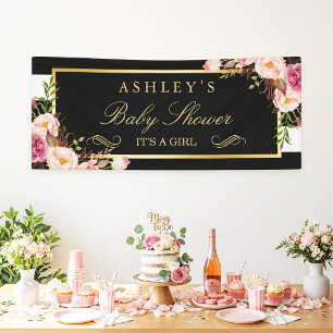 Banderoles Baby shower Floral noir blanc rayures 2,5 x 6