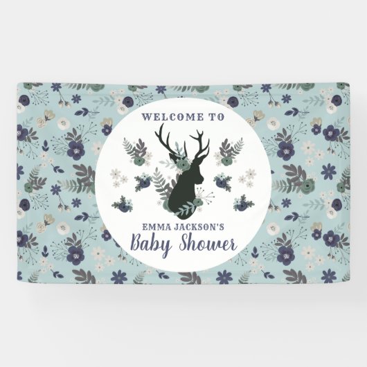 Banderoles Baby shower Floral Rustic Deer Head Blue Bienvenue (Horizontal)