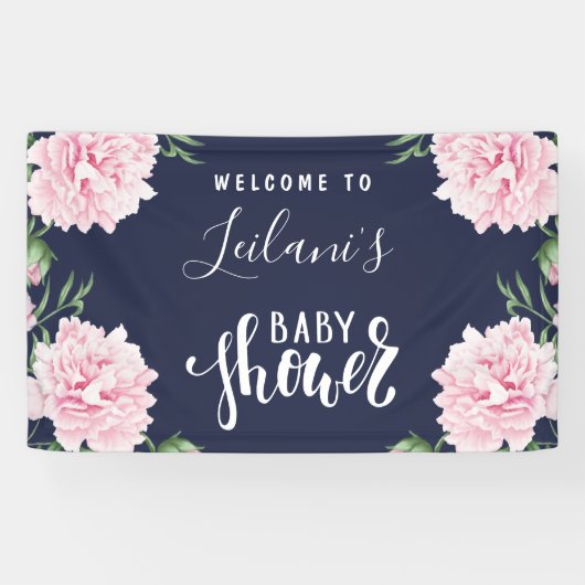 Banderoles Baby shower Pink Peony Navy Blue Welcome (Horizontal)