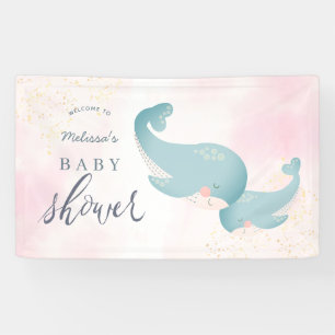 Banderoles Baleines Aquarelle rose Fille Baby shower Bienvenu