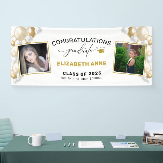 Banderoles Ballons 2 Photos Blanc Félicitations Diplômé (Salon professionnel)