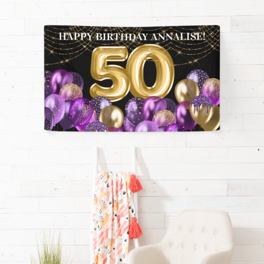 Banderoles Ballons à Parties scintillant violet d'or Cinquant (En situation)