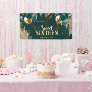 Banderoles Ballons gouttes de paillettes dorées Sweet 16 vert