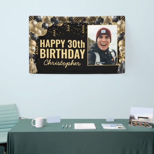 Banderoles Balloon Noir Or Confetti Photo Joyeux Anniversaire (Salon professionnel)