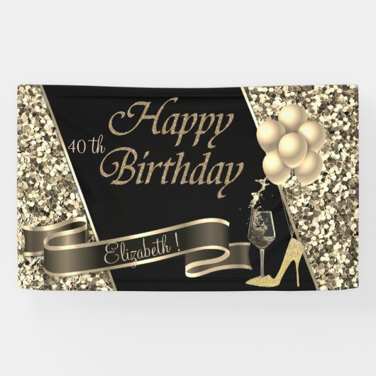 Banderoles Balloons de Parties scintillant en or noir moderne (Horizontal)