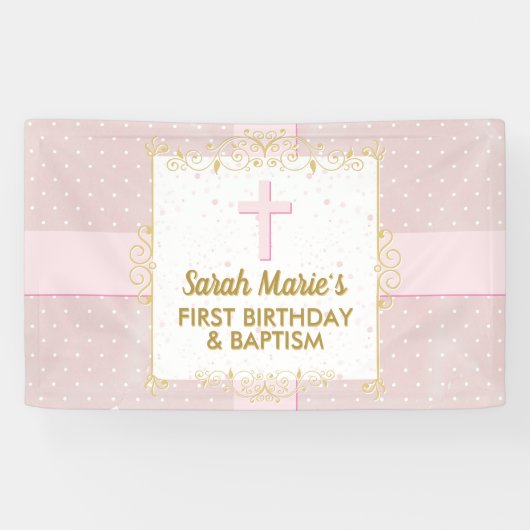 Banderoles Baptême 1er Anniversaire Fille Rose Or Texte Point (Horizontal)
