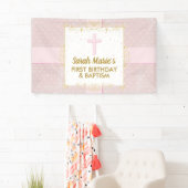 Banderoles Baptême 1er anniversaire fille rose or texte Polka (En situation)