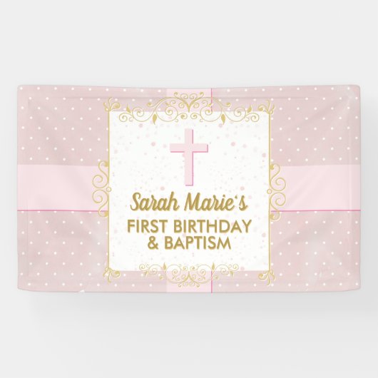 Banderoles Baptême 1er anniversaire fille rose or texte Polka (Horizontal)