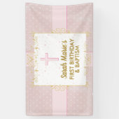Banderoles Baptême 1er anniversaire fille rose or texte Polka (Vertical)