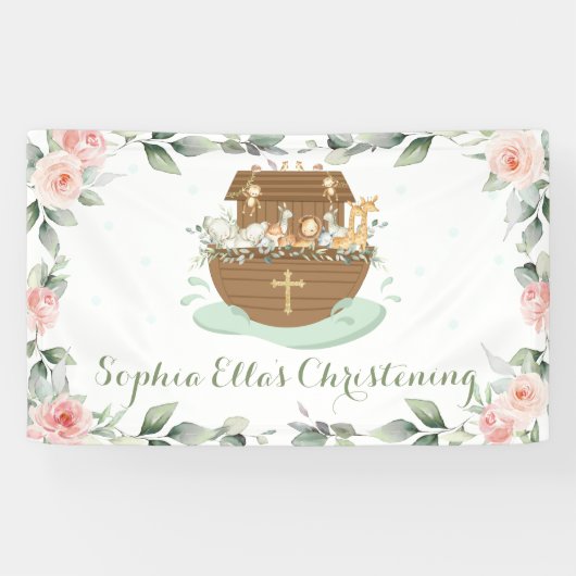 Banderoles Baptême d'Arche de Noé Floral Rose Contexte (Horizontal)