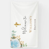 Banderoles Baptême eucalyptus bleu fleuri garçon accueil (Vertical)