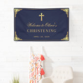 Banderoles Baptême Vintage or bleu marine (En situation)