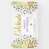 Banderoles Bar Mitsva Or Argent Pailleté Violet Écriture Arbr (Vertical)