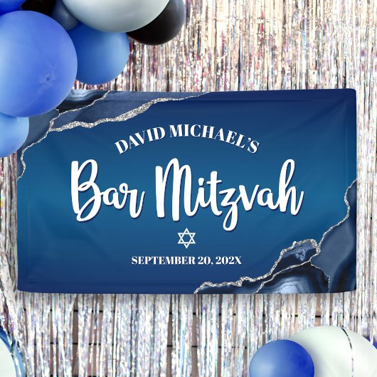 Banderoles Bar Mitzvah Modern Navy Blue Ombre Agate Script