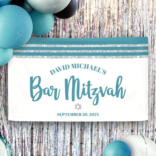 Banderoles Bar Mitzvah Moderne Tallit Argenté Turquoise Écrit