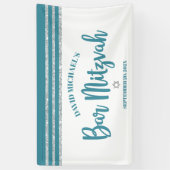 Banderoles Bar Mitzvah Moderne Tallit Argenté Turquoise Écrit (Vertical)