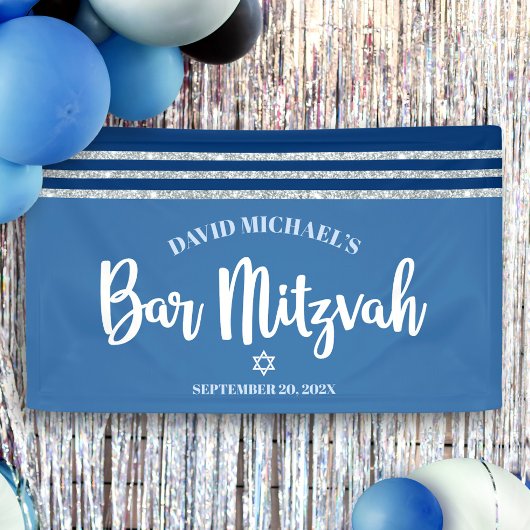 Banderoles Bar Mitzvah Moderne Tallit Bleu Argent Écriture Gr
