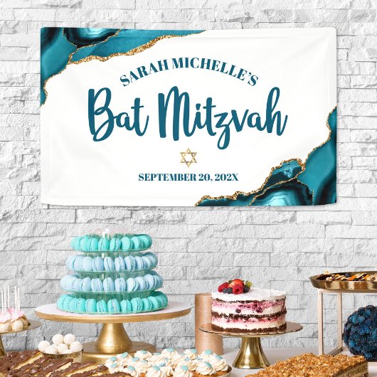 Banderoles Bat Mitzvah Agate Moderne Or Turquoise Script