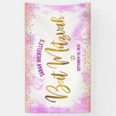 Banderoles Bat Mitzvah aquarelle rose écriture dorée pailleté (Vertical)