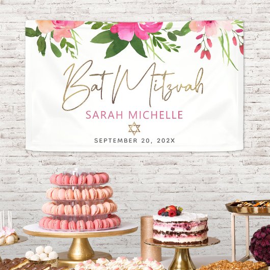 Banderoles Bat mitzvah Aquarelle rose Floral Gold Script