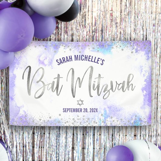 Banderoles Bat Mitzvah Aquarelle Violet Écriture en feuille d
